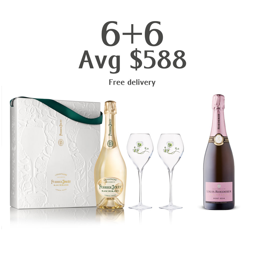 Perrier Jouet Blanc de Blancs nv with 2 glasses (2 sets)+Louis Roederer Rose 2014 (6 bottles)
