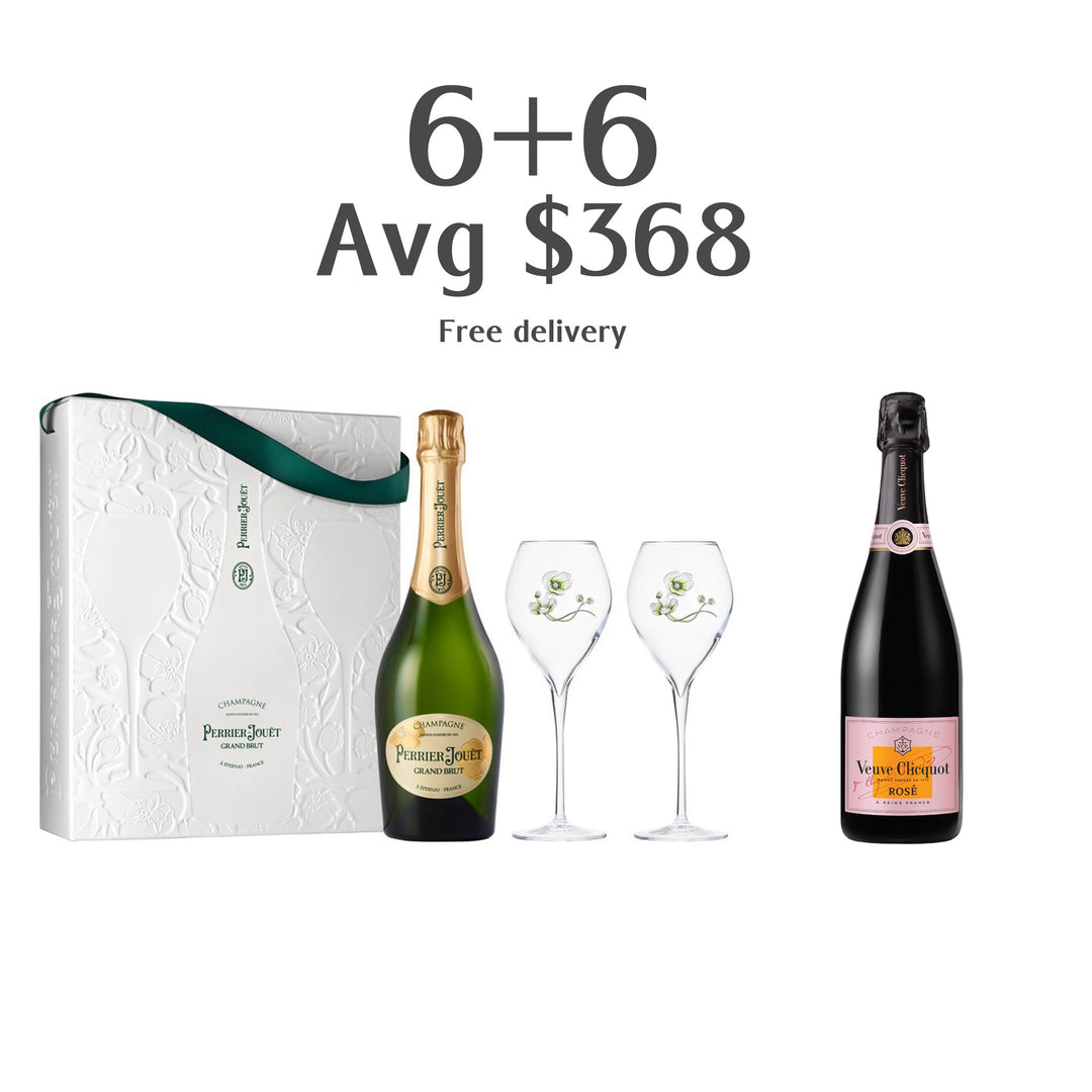Perrier Jouet Grand Brut NV with 2 glasses (6 sets)+Veuve Clicquot Rose NV (6 bottles)